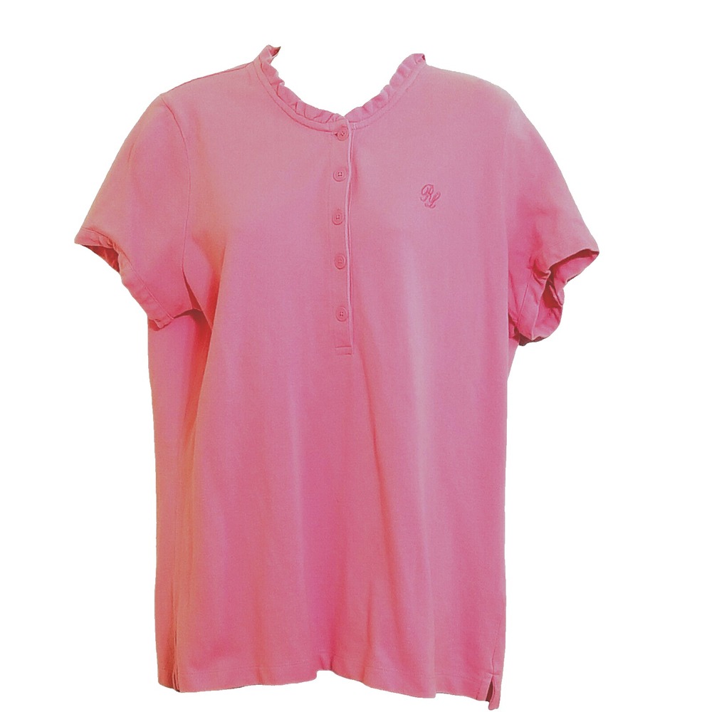 Polo Jeans Co Women's L Ruffled Button Up Short Sleeve Cotton Polo Shirt Top